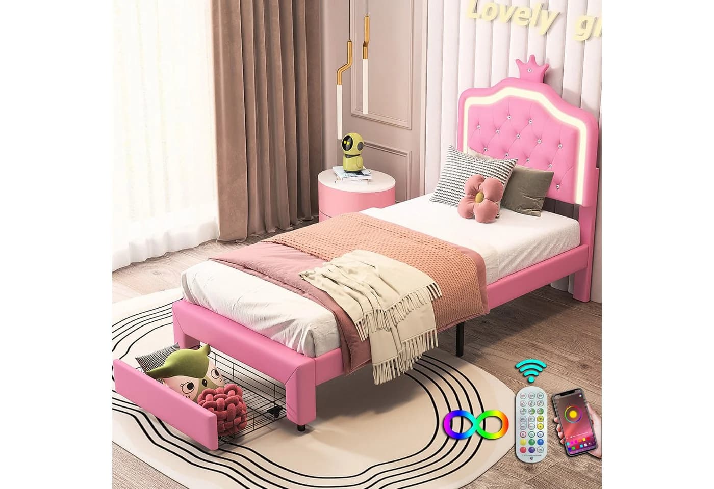 zebery Polsterbett Rosa mit LED-Beleuchtung & Stauraum - Bild 2