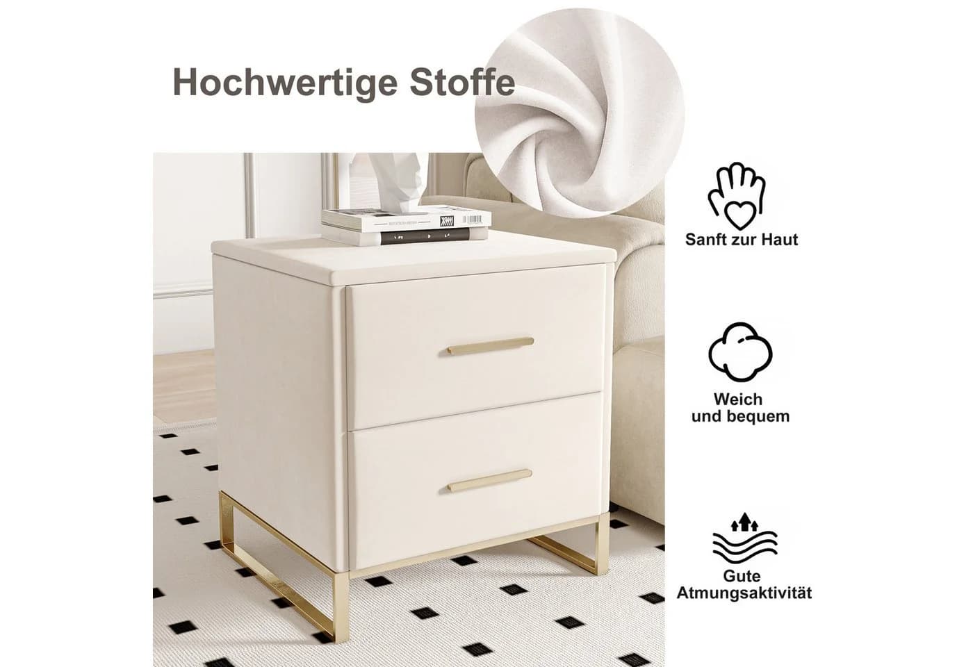 zebery Nachttisch 2er-Set Beige Samt mit 2 Schubladen - Bild 4
