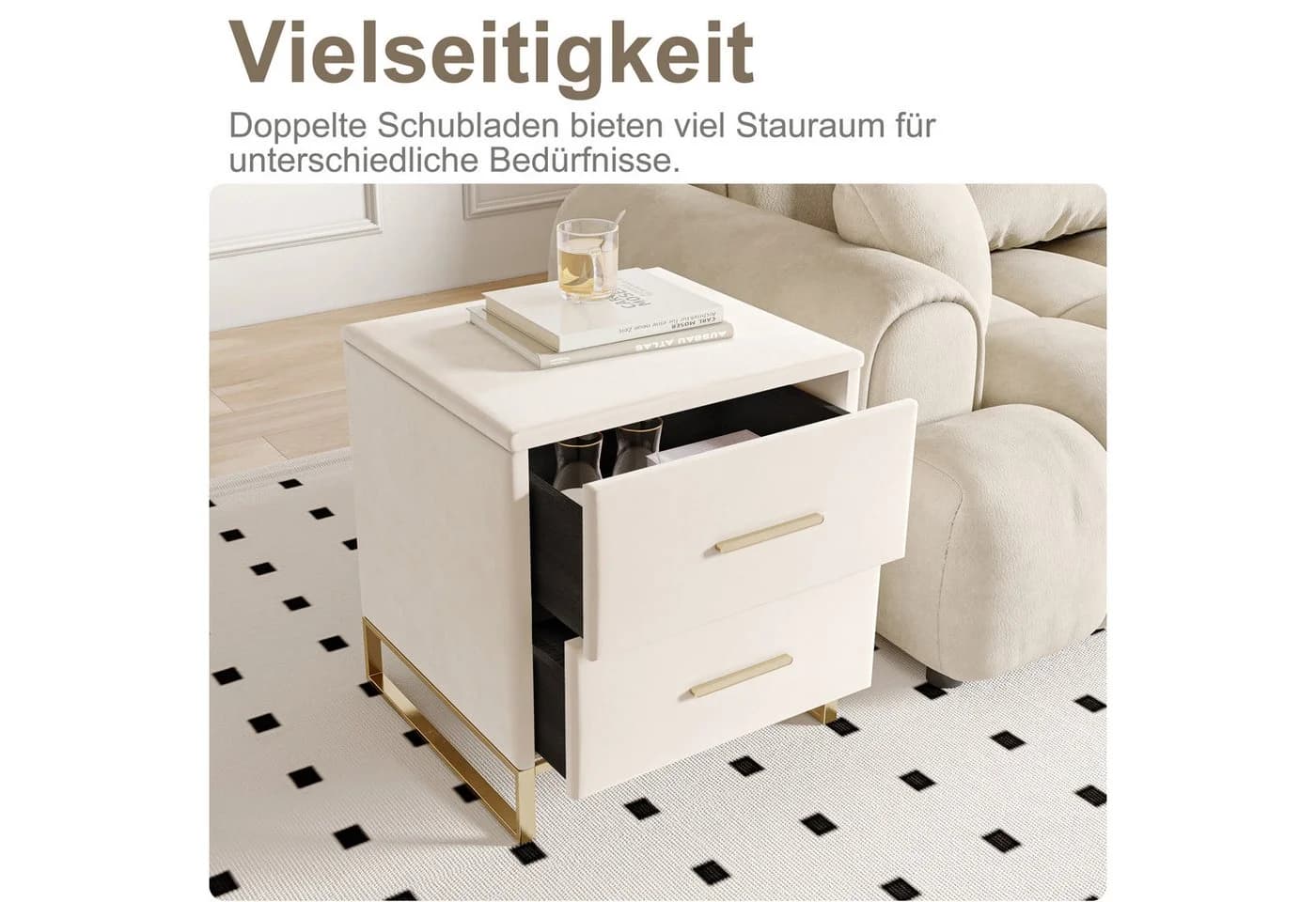 zebery Nachttisch 2er-Set Beige Samt mit 2 Schubladen - Bild 5