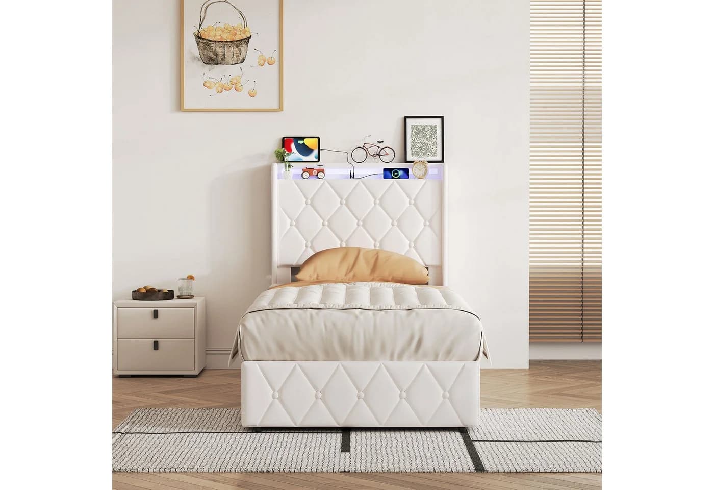 zebery Stauraumbett Polsterbett Beige mit LED, USB & Bettkasten