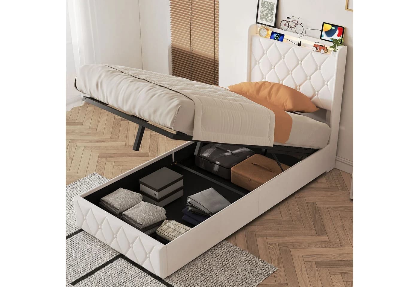 zebery Stauraumbett Polsterbett Beige mit LED, USB & Bettkasten - Bild 2