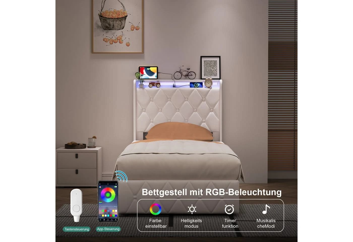 zebery Stauraumbett Polsterbett Beige mit LED, USB & Bettkasten - Bild 3