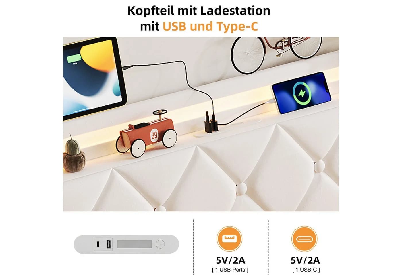 zebery Stauraumbett Polsterbett Beige mit LED, USB & Bettkasten - Bild 4