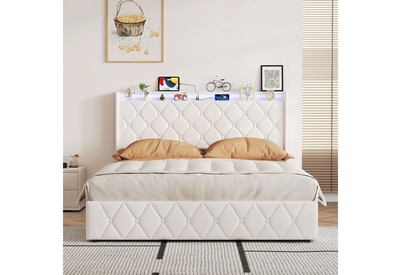 zebery Polsterbett 140x200 mit Bettkasten, LED & USB Beige Samt