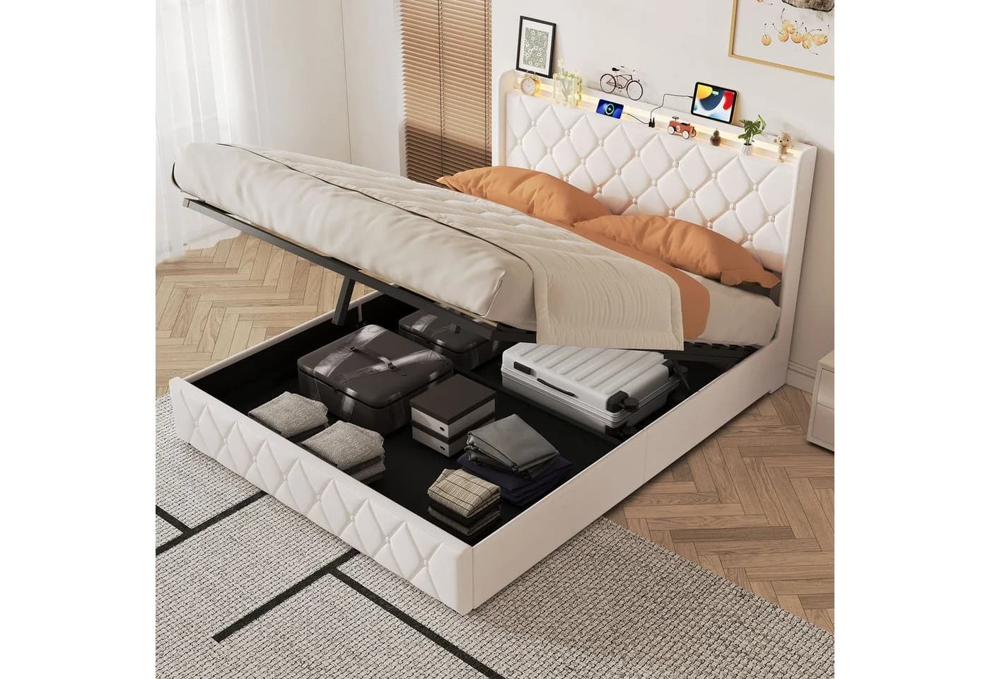 zebery Polsterbett 140x200 mit Bettkasten, LED & USB Beige Samt - Bild 2