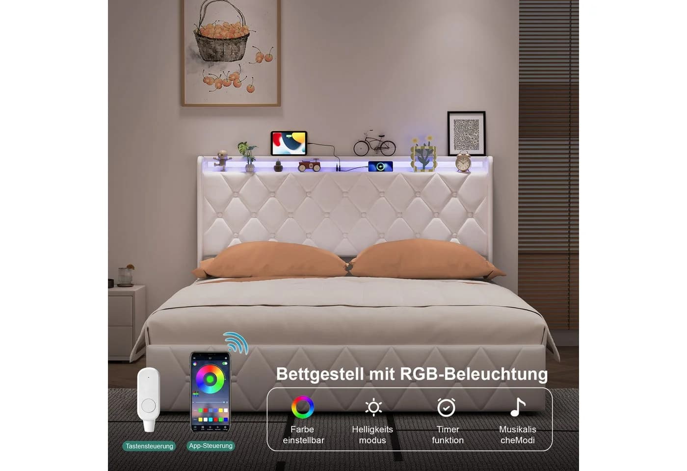 zebery Polsterbett 140x200 mit Bettkasten, LED & USB Beige Samt - Bild 3