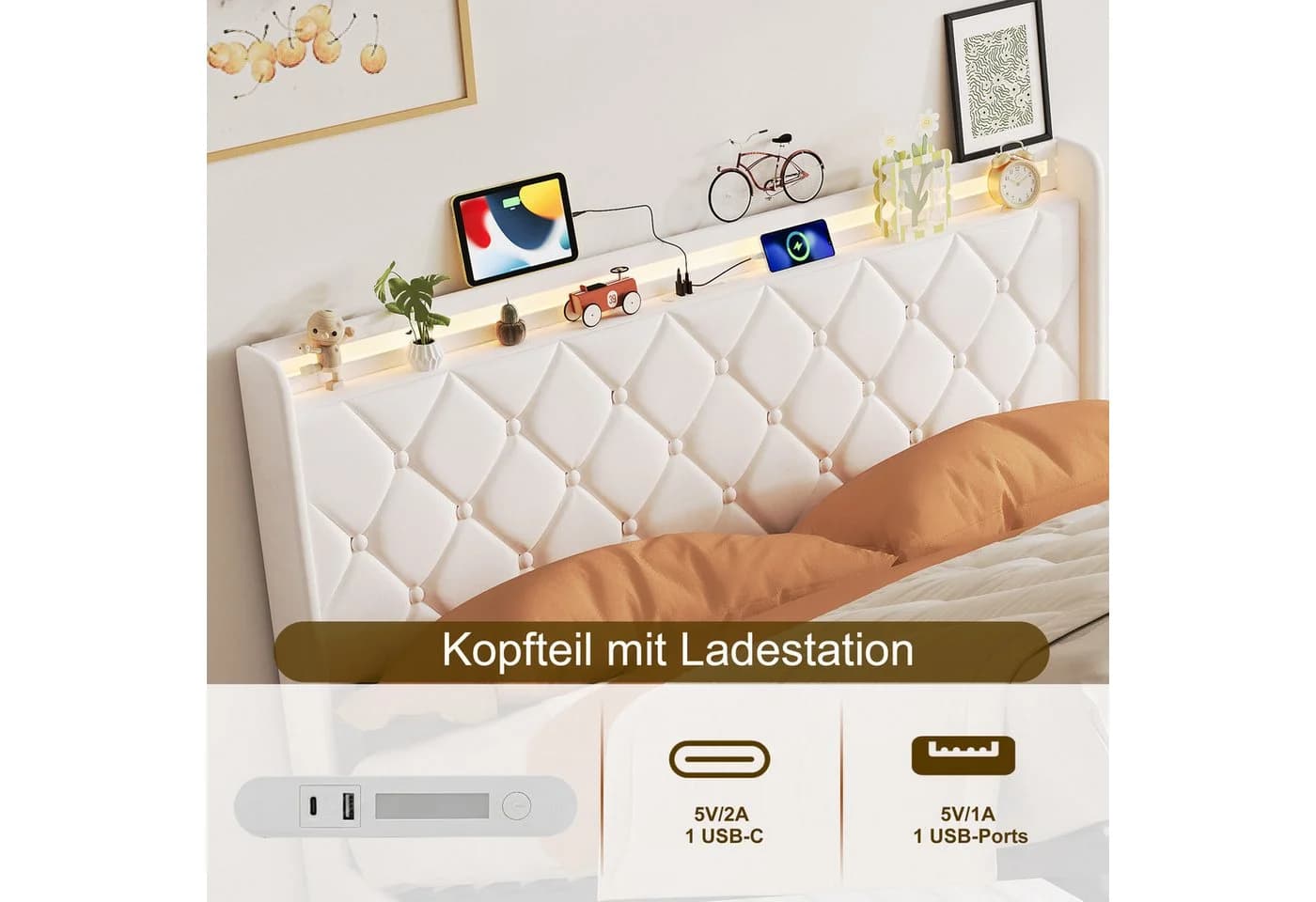 zebery Polsterbett 140x200 mit Bettkasten, LED & USB Beige Samt - Bild 4