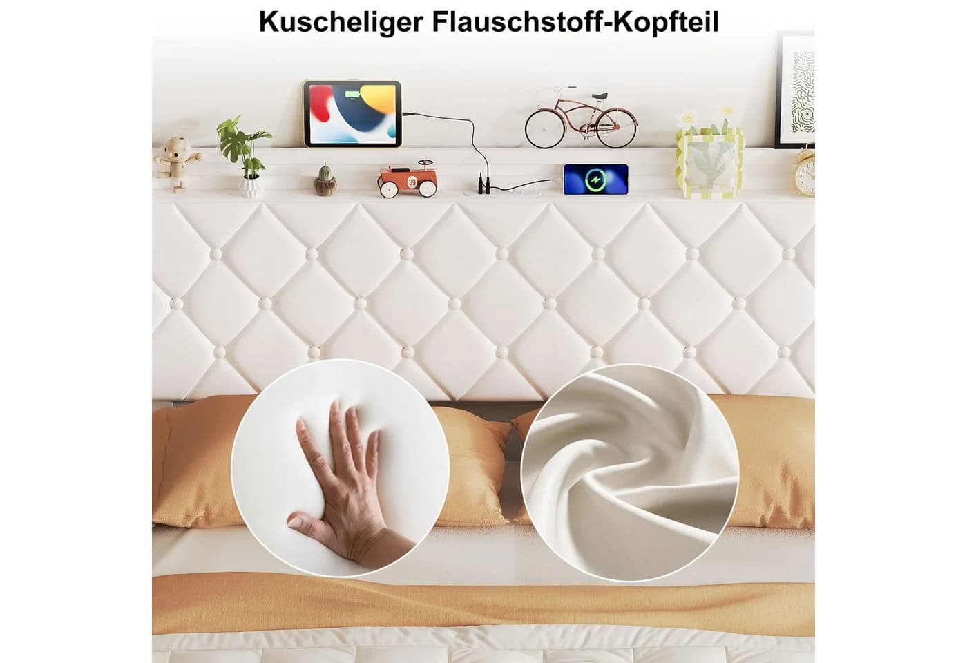 zebery Polsterbett 140x200 mit Bettkasten, LED & USB Beige Samt - Bild 5