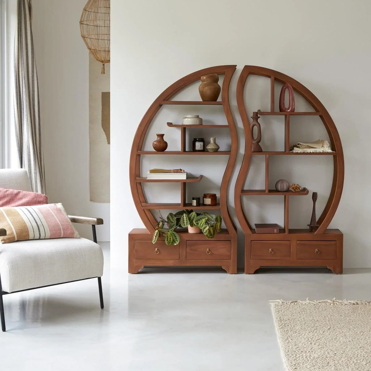 Tikamoon Regal aus massivem Teak Ying Yang mit Schubladen