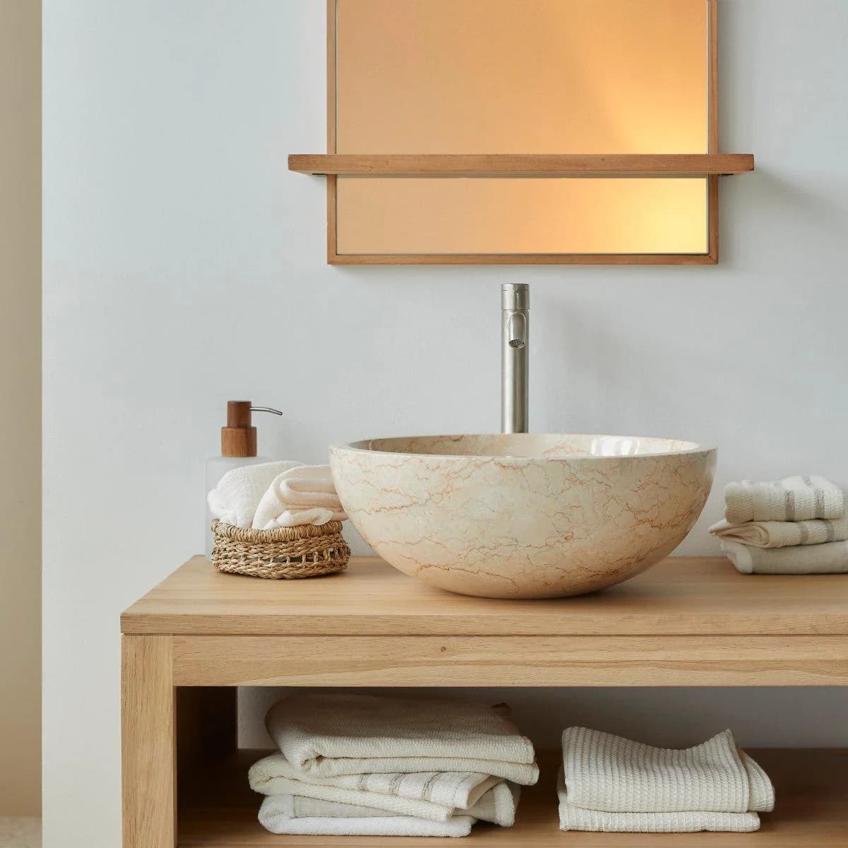 Aufsatzwaschbecken aus Marmor und Holz, Cremefarben
