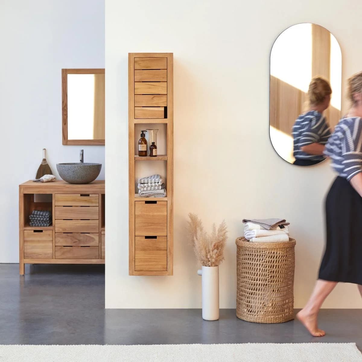 Tikamoon Badschrank Highboard Teak Massiv Unbehandelt Hängend
