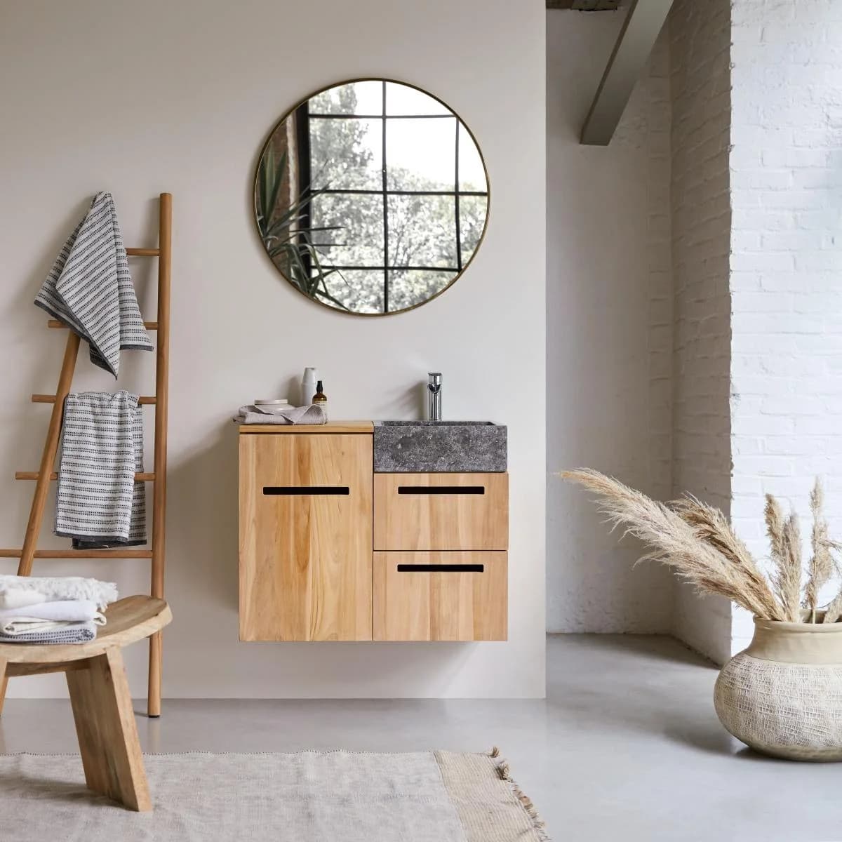 Tikamoon Badmöbel mit Waschbeckenschrank und integriertem Waschbecken 83 cm Teak