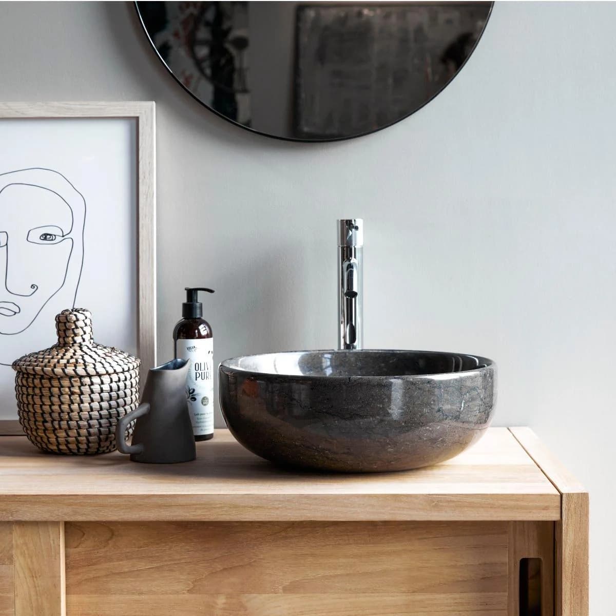 Tikamoon Rundes Marmorwaschbecken Pia Dark Grey