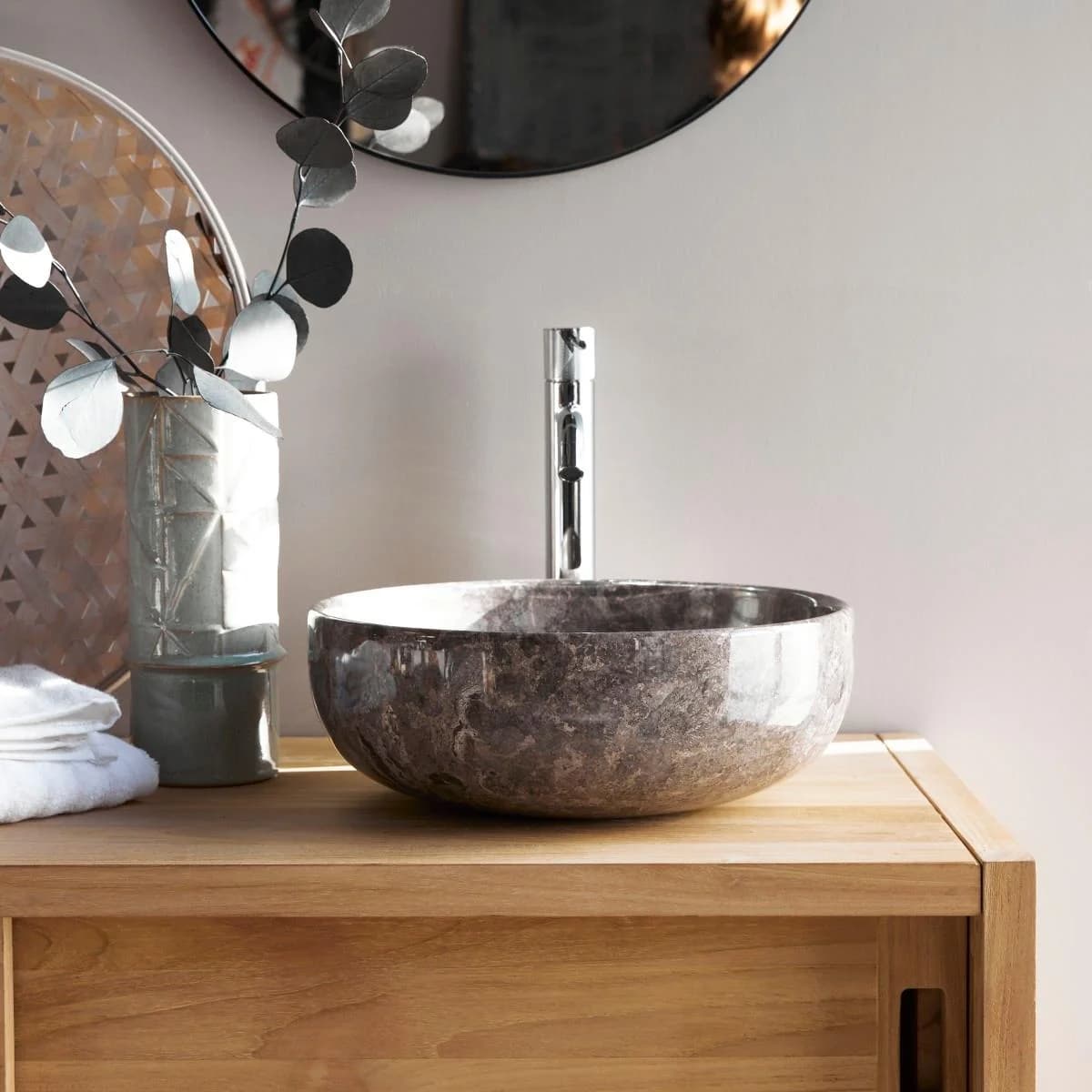 Tikamoon Rundes Marmorwaschbecken Pia Light Grey