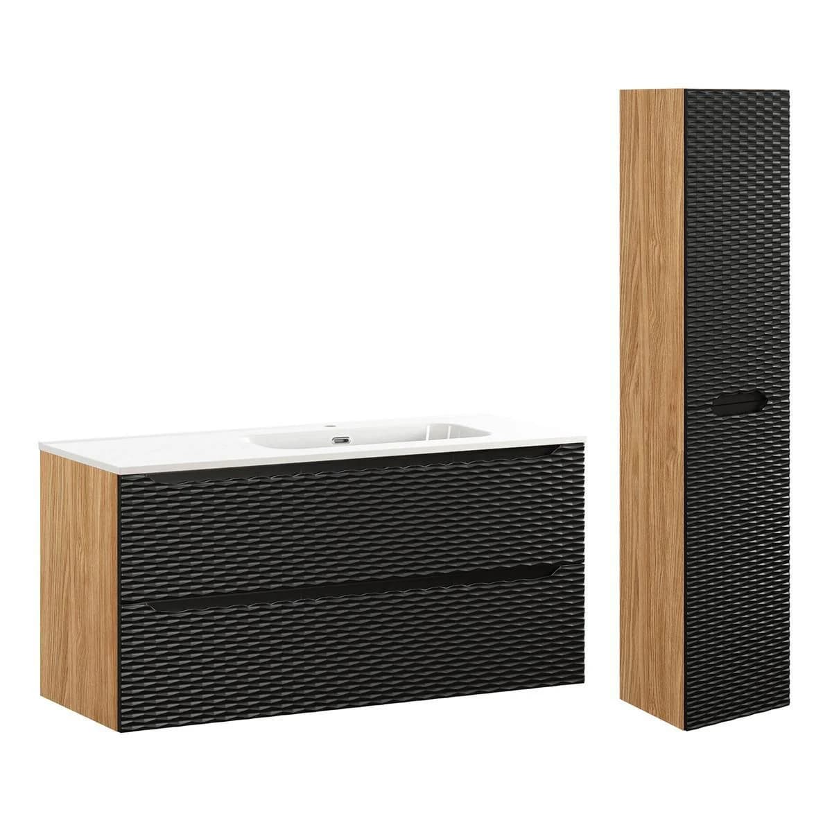 Badezimmerschrank-Set Elora Schwarz mit Holzoptik 120cm