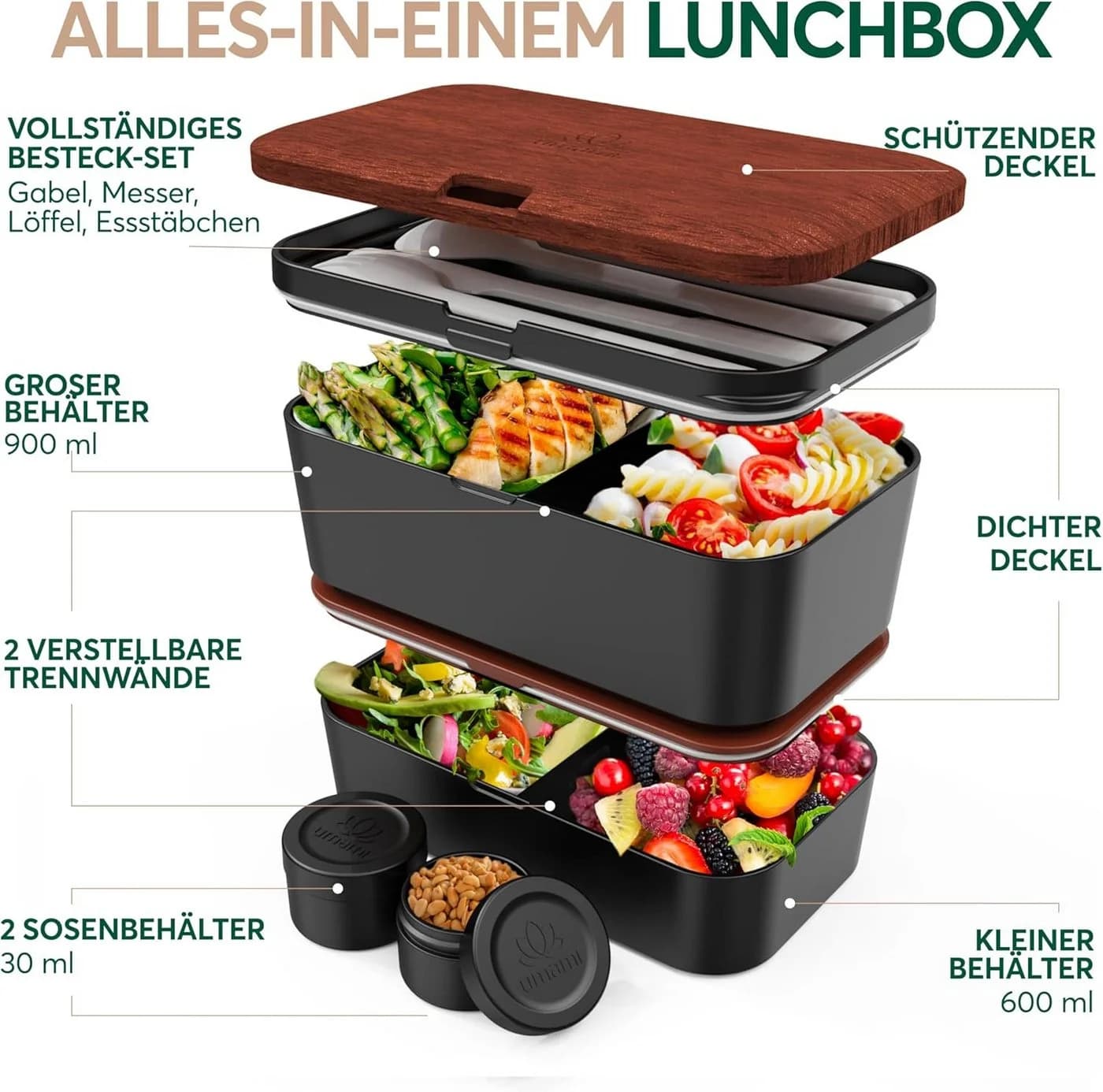 UMAMI Bento Lunchbox Schwarz mit Besteck & Saucenbehältern