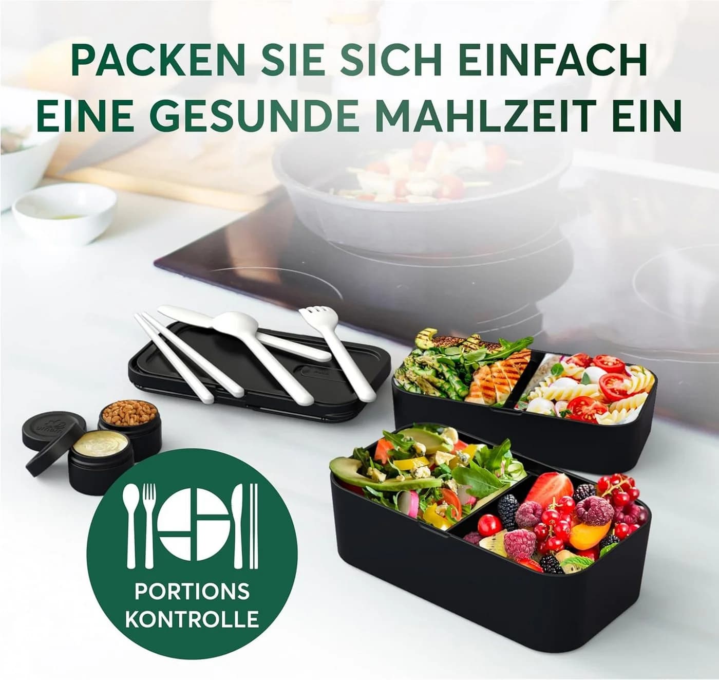UMAMI Bento Lunchbox Schwarz mit Besteck & Saucenbehältern - Bild 3