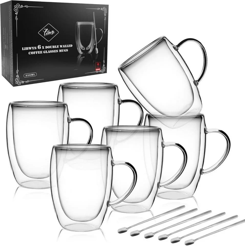 LIBWYS Doppelwandige Kaffeetassen aus Glas 6x350 ml mit Griff und Löffel - Bild 2