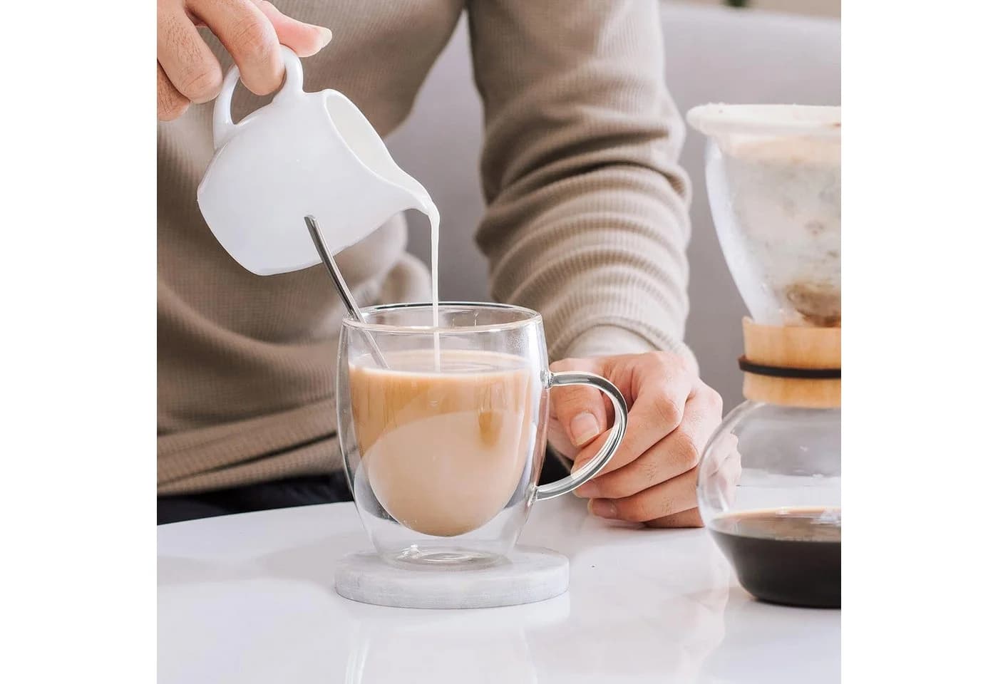 LIBWYS Doppelwandige Kaffeetassen aus Glas 6x350 ml mit Griff und Löffel - Bild 3