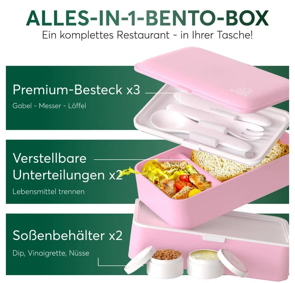UMAMI Lunchbox All-in-1 1,2L Brotdose Rosa mit Besteck - Bild 4