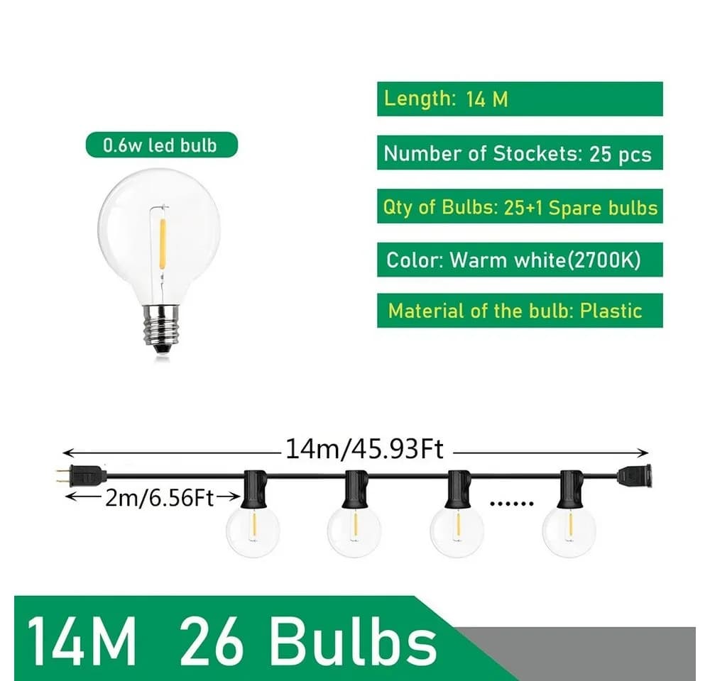 Athlix LED-Lichterkette Warmweiß IP44 Wasserdicht Globusform