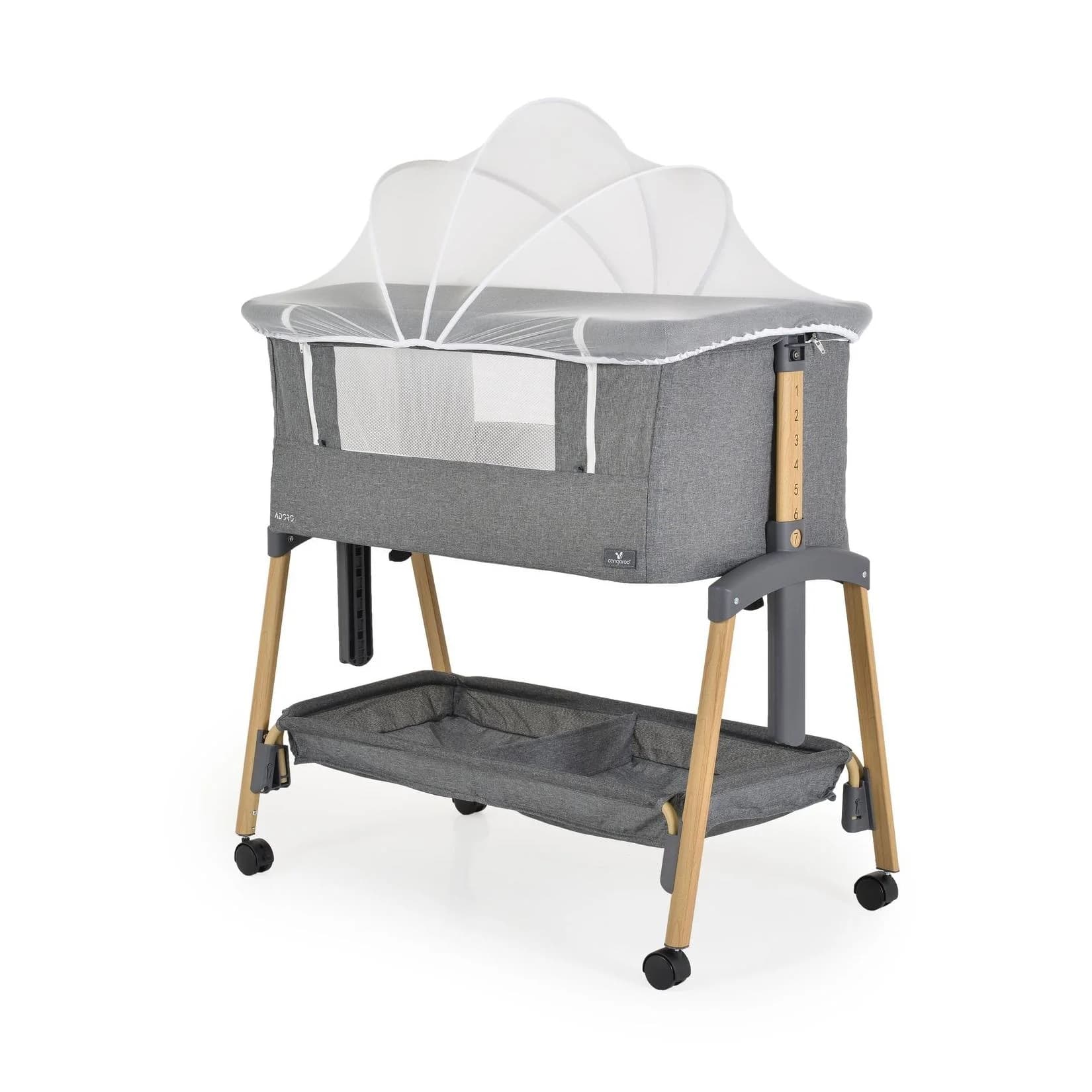Cangaroo Babybett Adoro Beistellbett Grau mit Matratze und Moskitonetz
