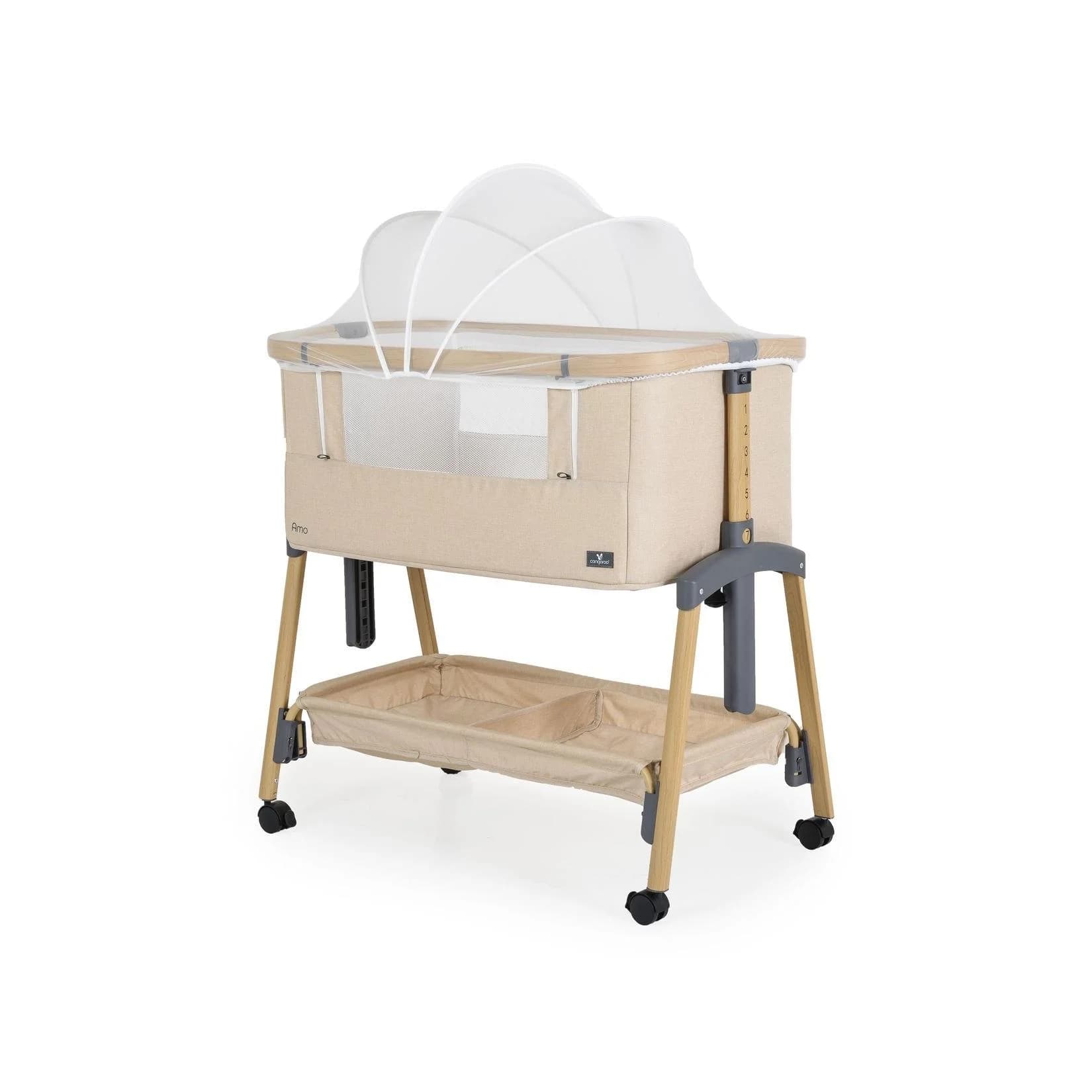 Cangaroo Beistellbett Amo höhenverstellbar mit Moskitonetz und Rollen beige