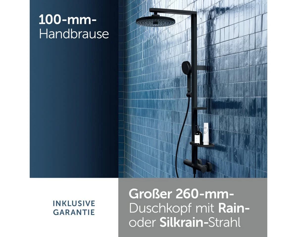 Ideal Standard Alu+ Duschsystem BD583XG mit Ceratherm Thermostat, 2 Ablagen, Schwarz matt
