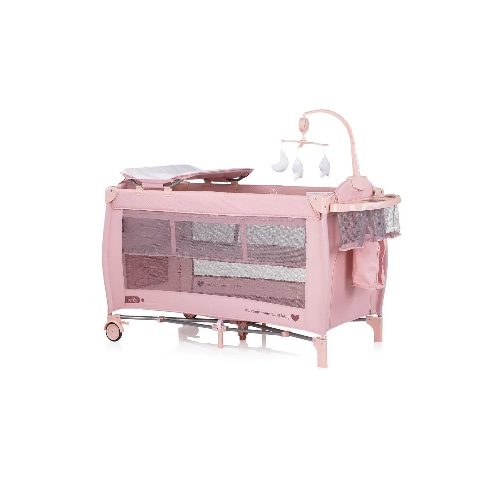 Chipolino Reisebett Bella 2 Ebenen mit Musikmobile und Wickelauflage Pink