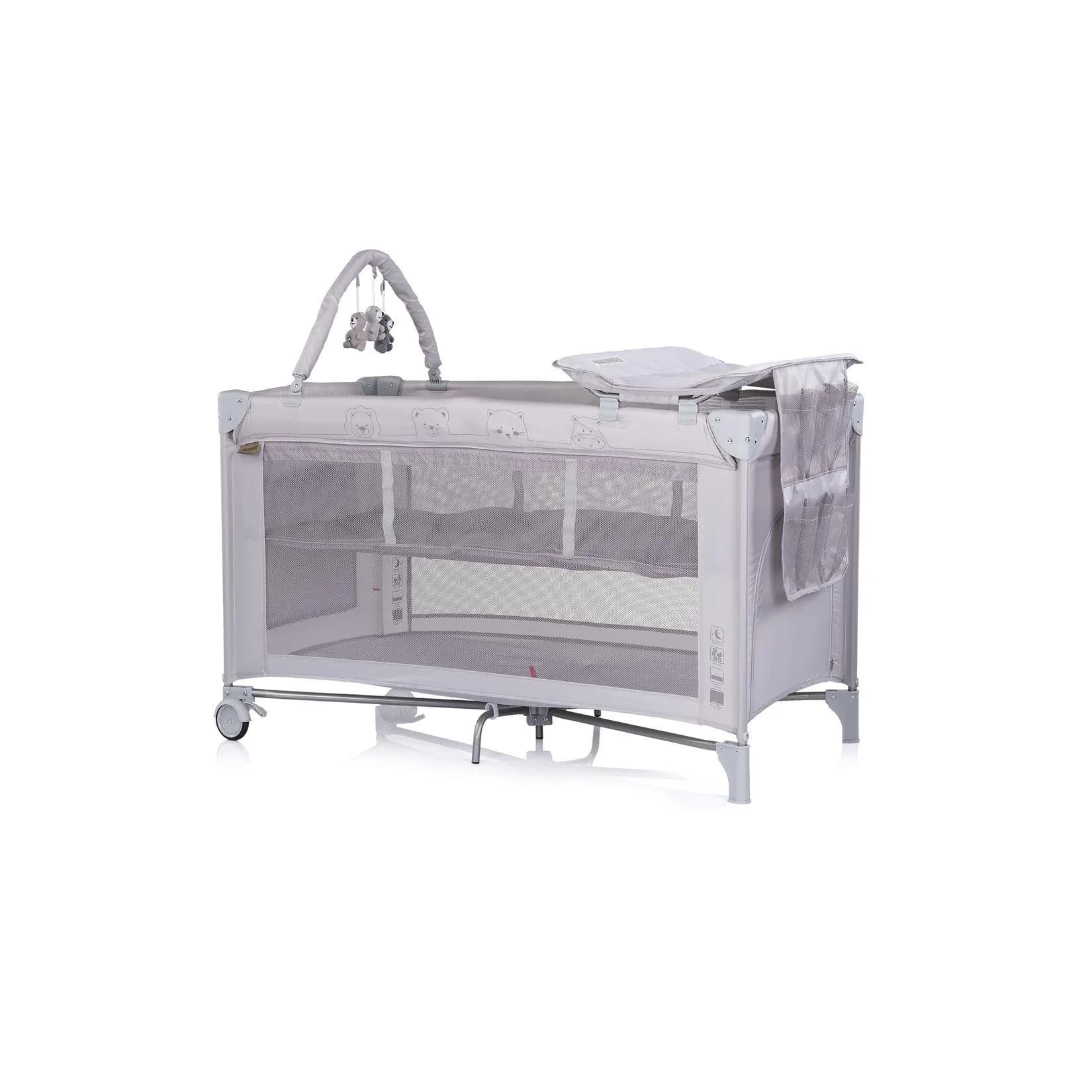 Chipolino Reisebett Luna 2 Ebenen mit Wickelauflage und Spielbogen silber
