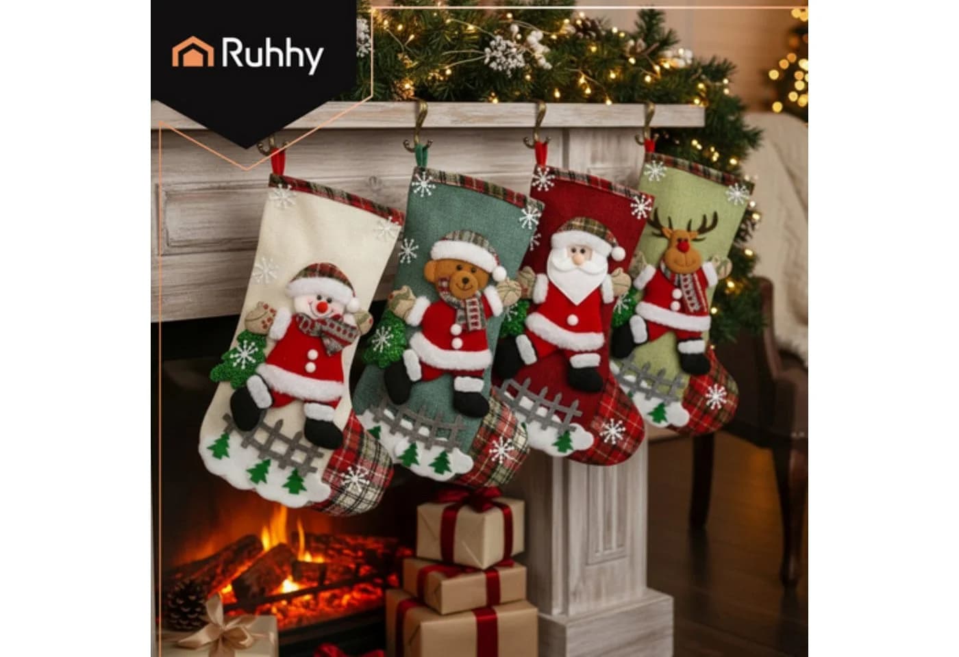 Ruhhy Weihnachtskaminsocken 4er Set Bunt 3D-Dekor - Bild 3