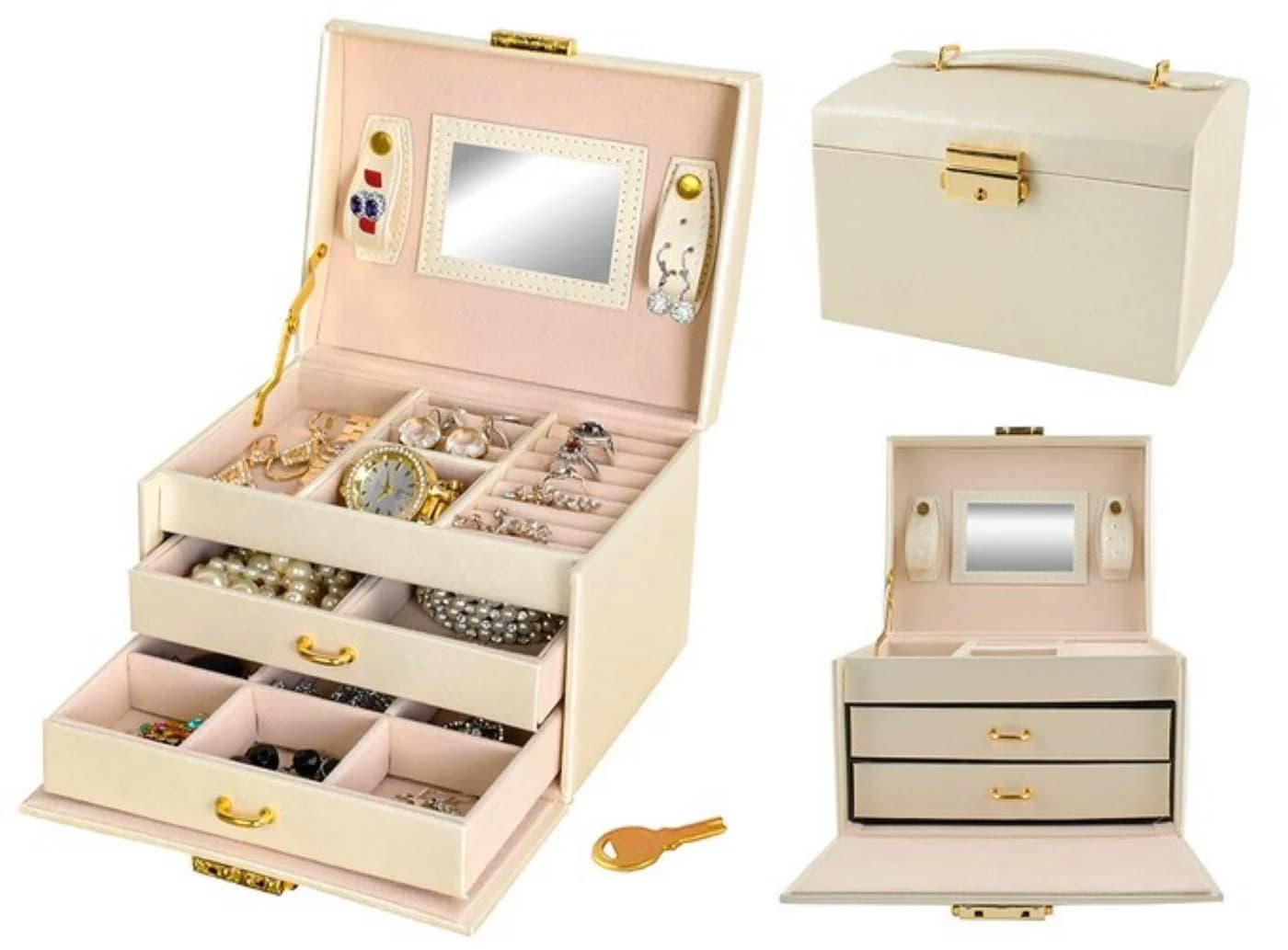 Beautylushh Schmuckkasten Satinoptik mit Schloss & Spiegel Beige