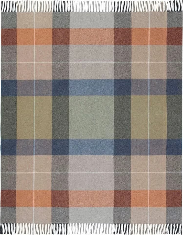 BIEDERLACK Britta Plaid Karo-Look Wolldecke Grau Orange Beige