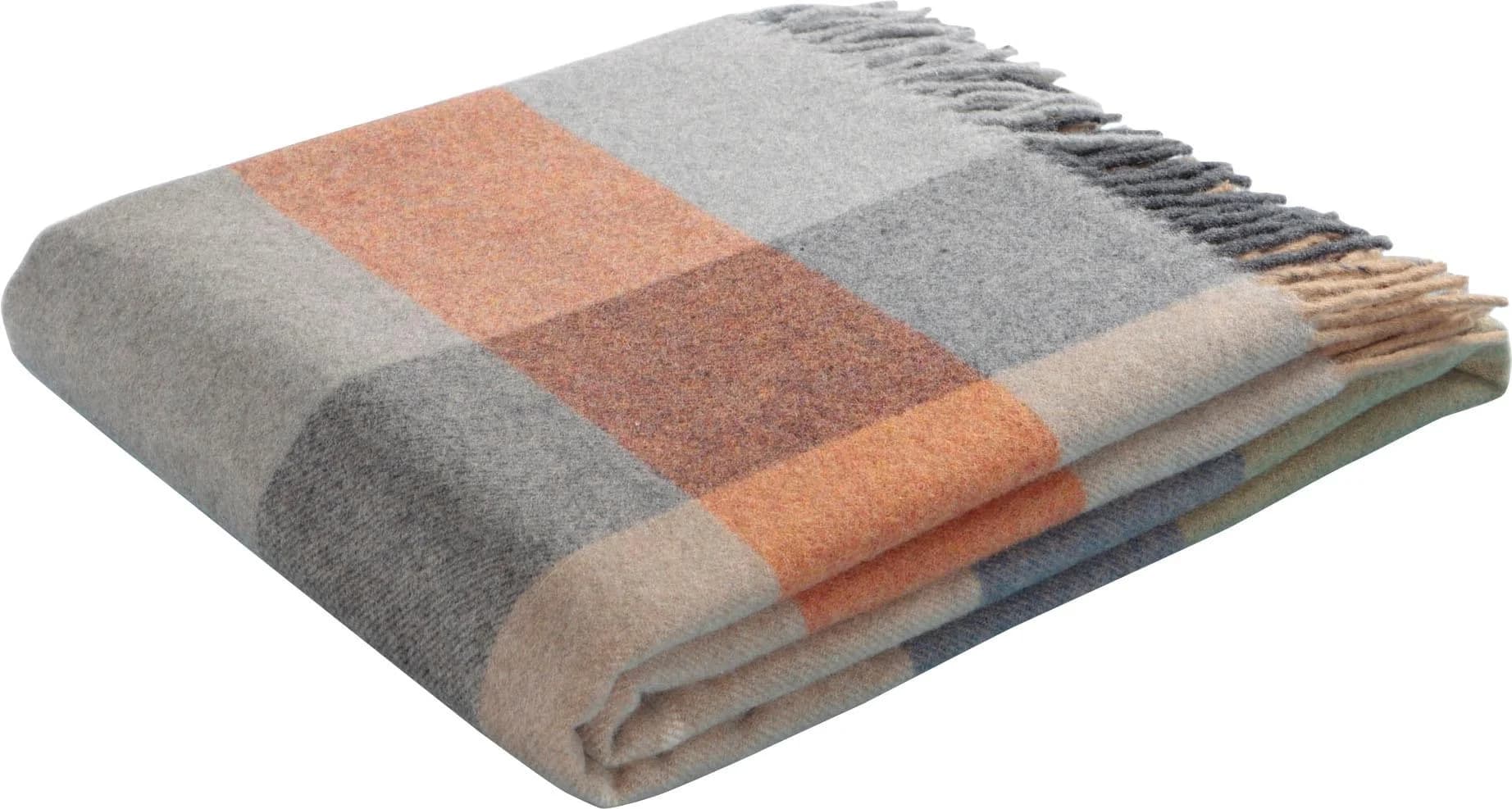 BIEDERLACK Britta Plaid Karo-Look Wolldecke Grau Orange Beige - Bild 4
