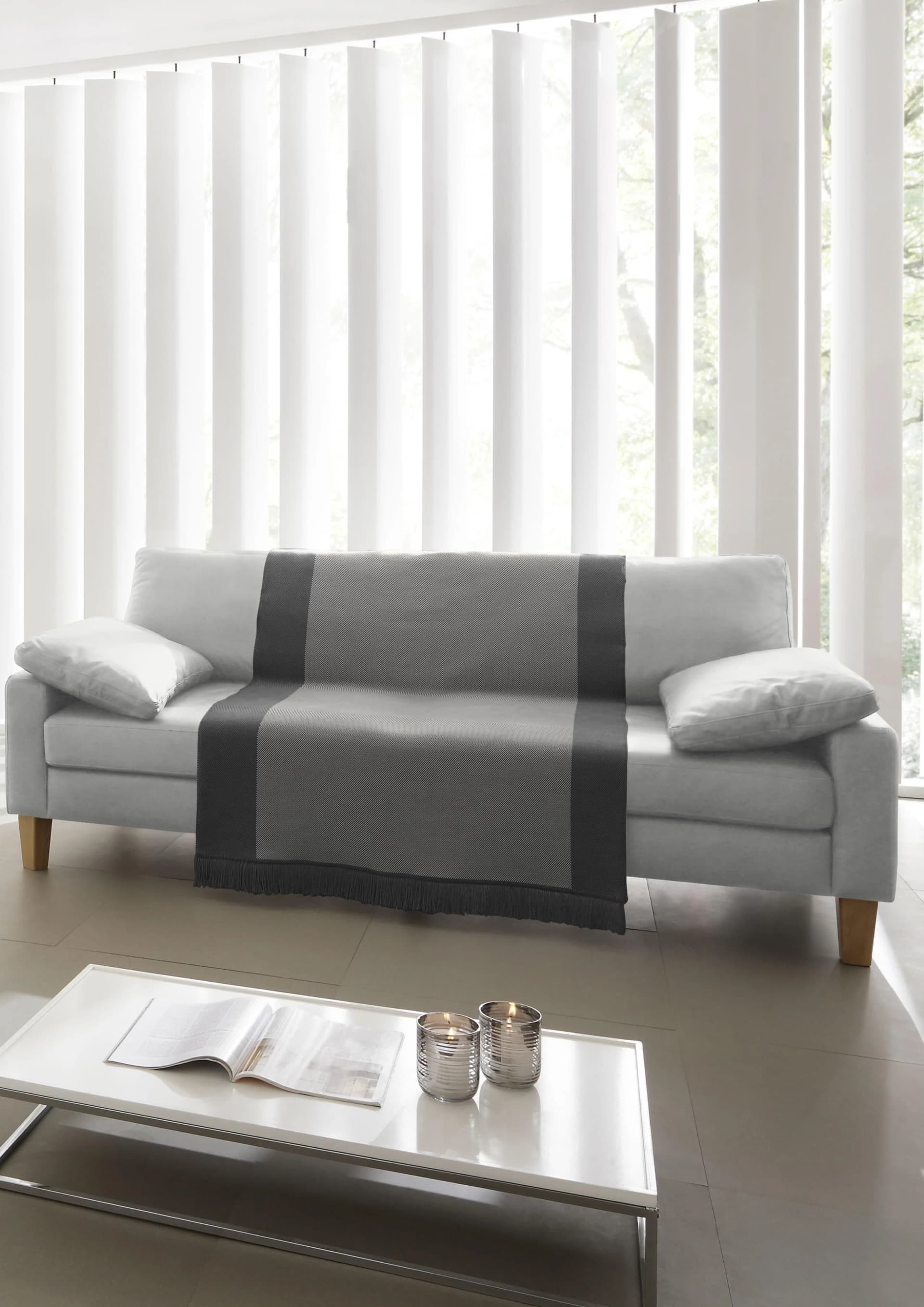 Biederlack Sofaschoner Cotton Cover Salt & Pepper Anthrazit mit Fransen