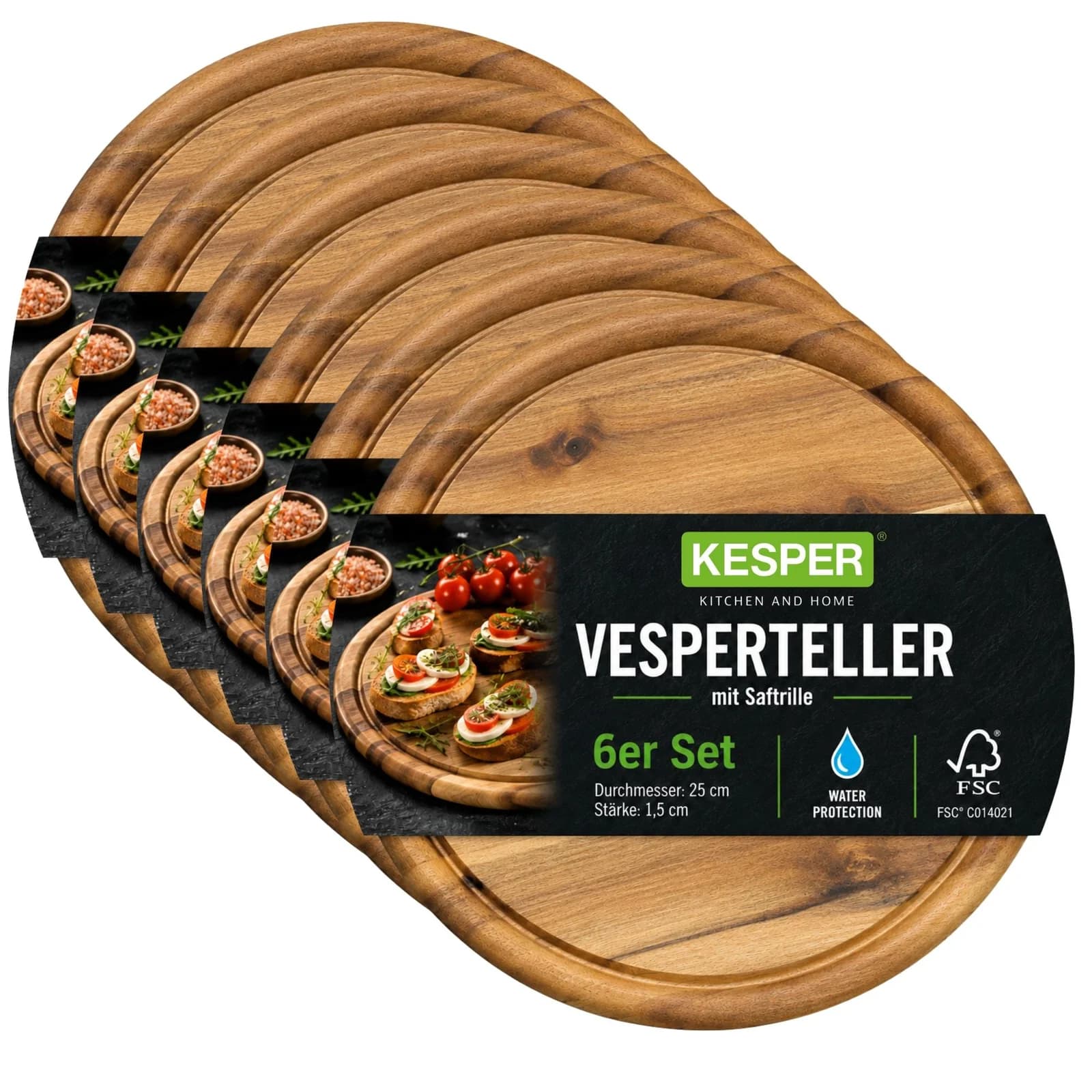 KESPER Fleischteller 6er-Set Akazienholz Braun Saftrille
