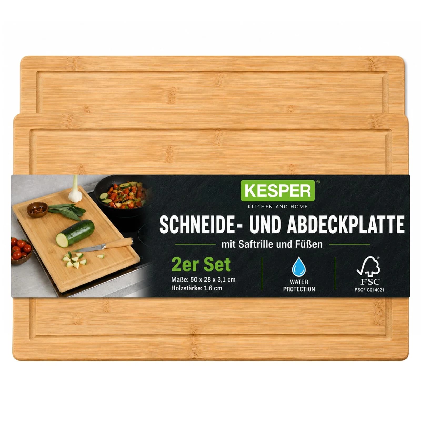 KESPER Schneidebrett Bambus 2er Set mit Saftrille