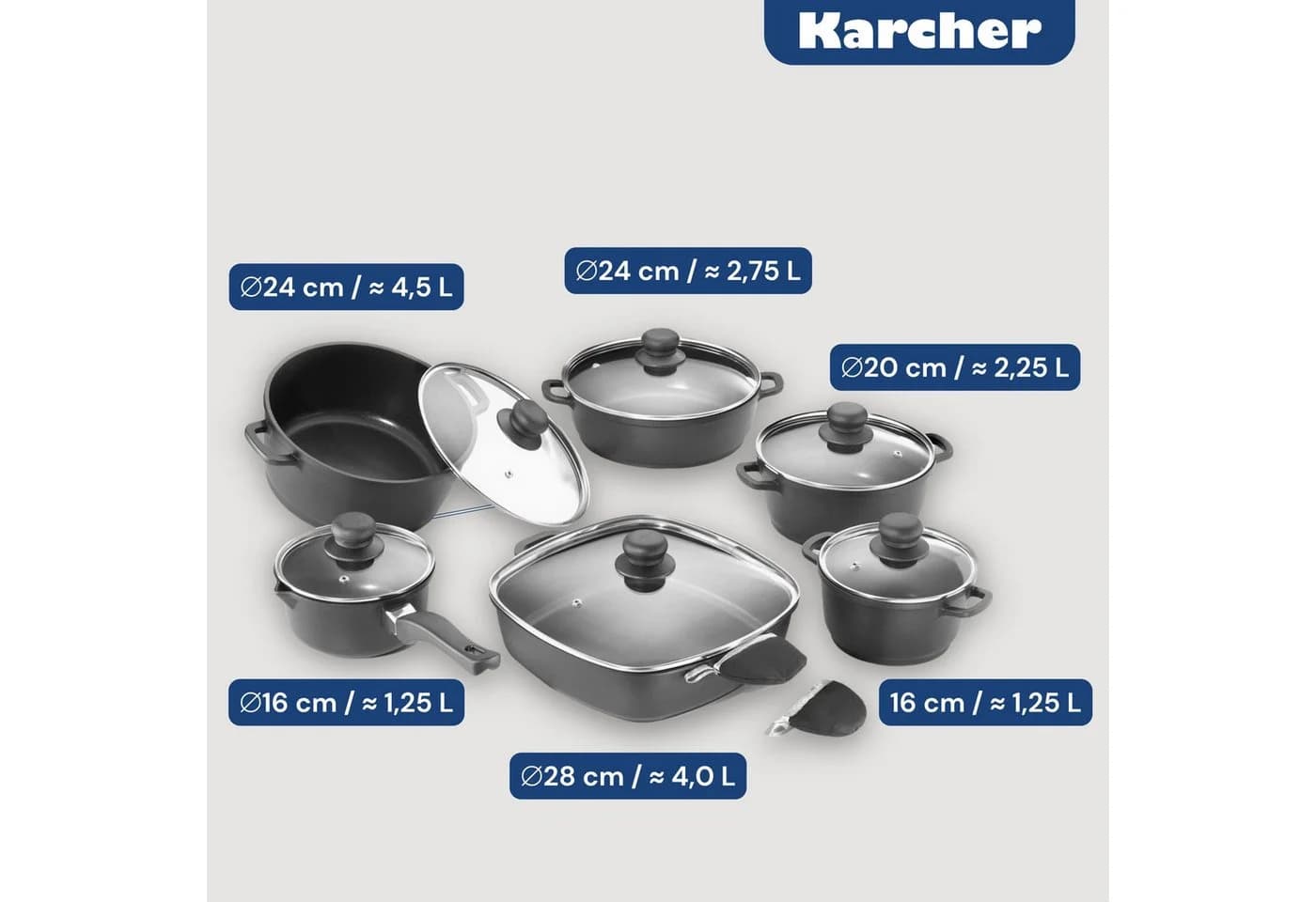 Karcher Topf-Set Aluguss 12-tlg. mit Teflon-Beschichtung & Glasdeckel - Bild 3