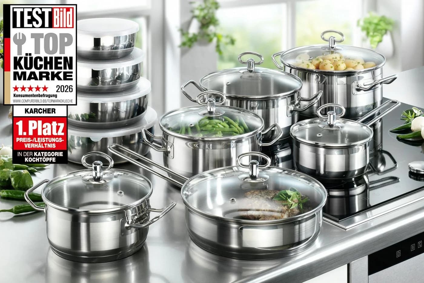 Karcher Kochtopfset Jasmin 20-tlg. Edelstahl mit Glasdeckel & Schüsseln