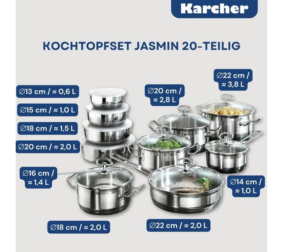 Karcher Kochtopfset Jasmin 20-tlg. Edelstahl mit Glasdeckel & Schüsseln - Bild 3