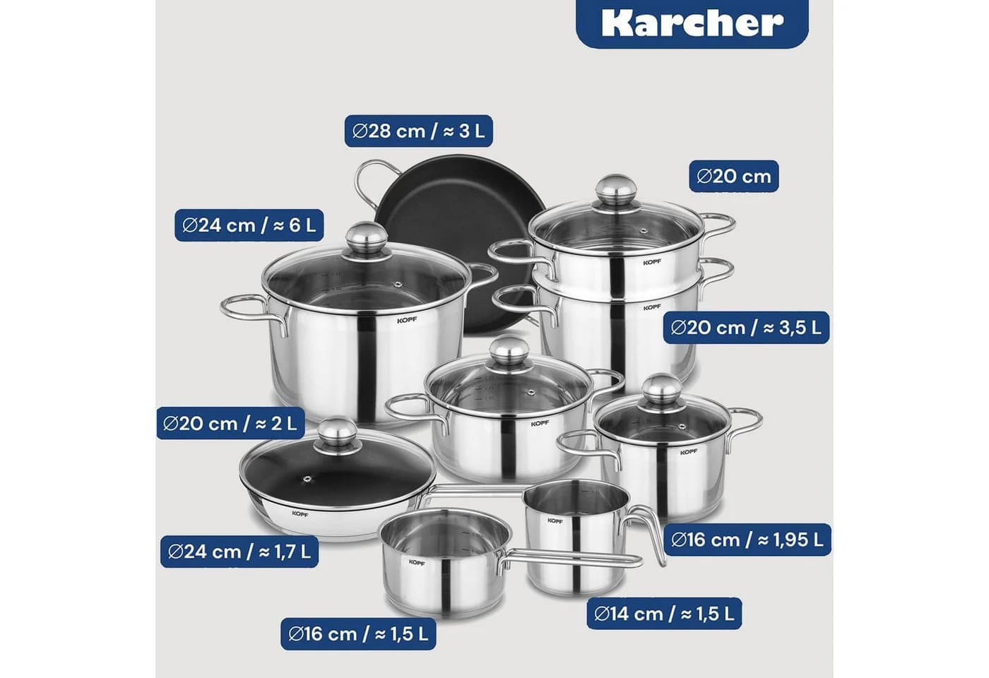 Kopf Topf-Set Josie 14-tlg. Edelstahl Silber Induktion