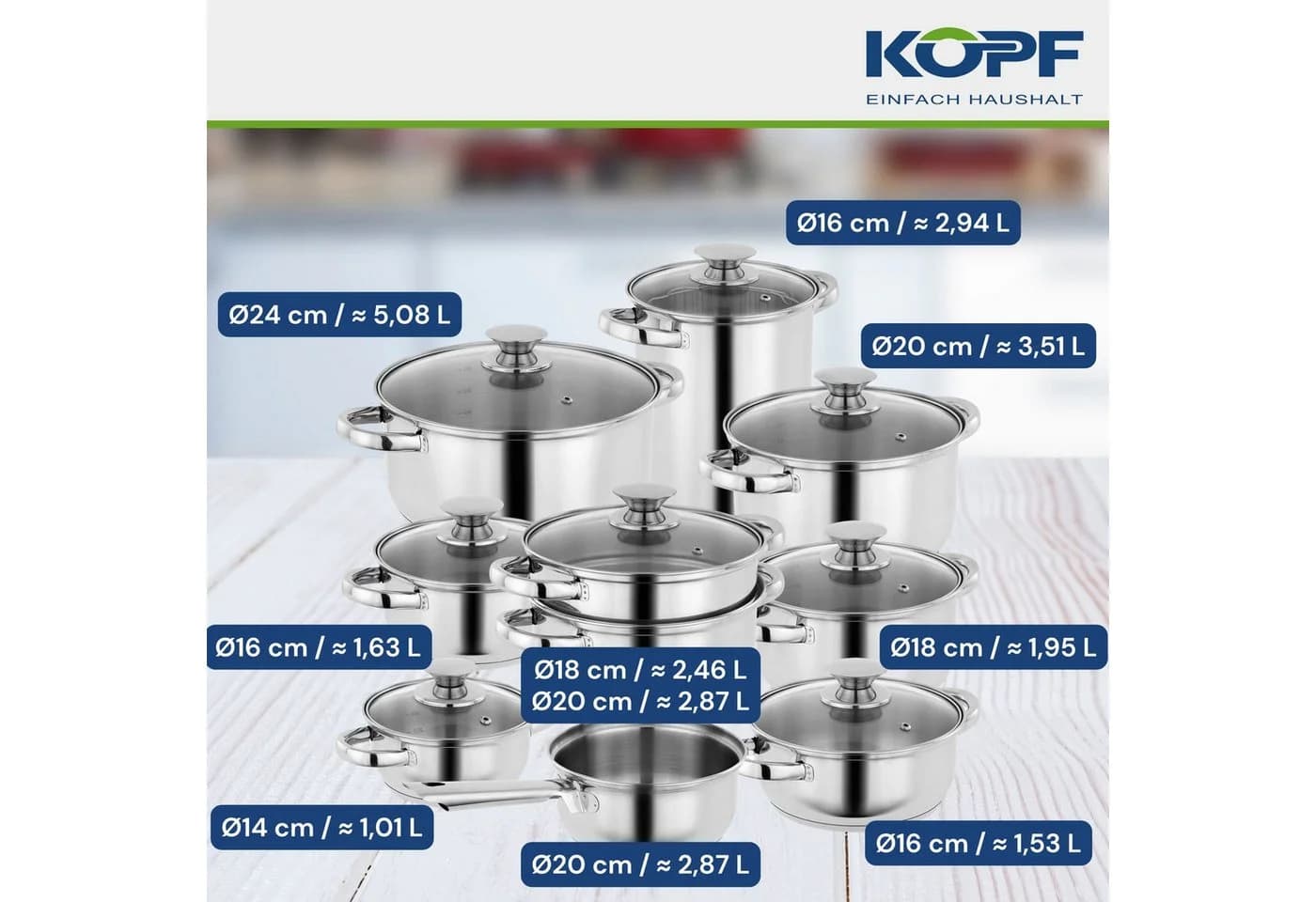 Kopf Topf-Set Janina 19-tlg. Edelstahl mit Glasdeckeln - Bild 3