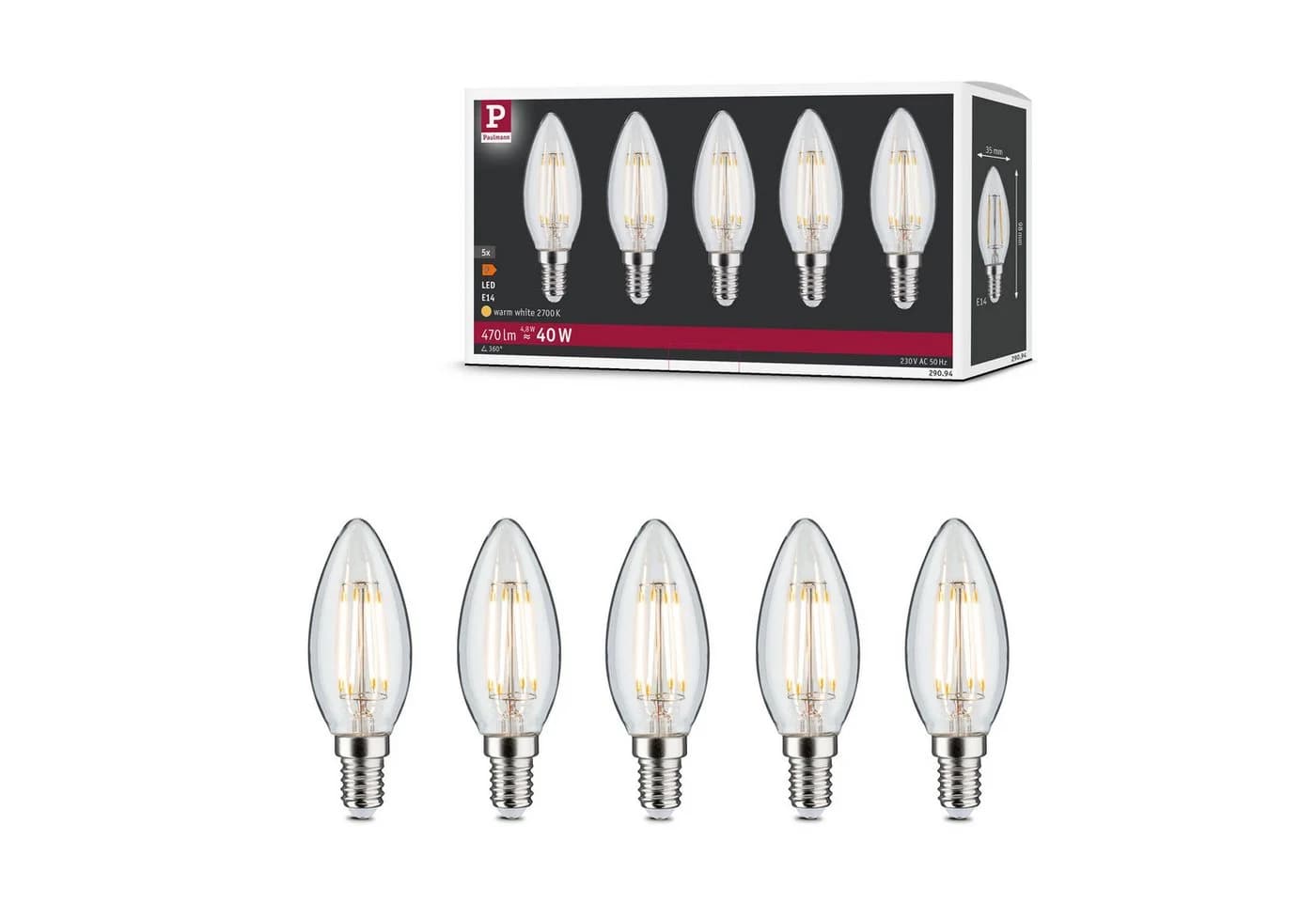 Paulmann LED-Leuchtmittel 5er Pack Kerze 470lm 2700K Warmweiß E14 - Bild 3