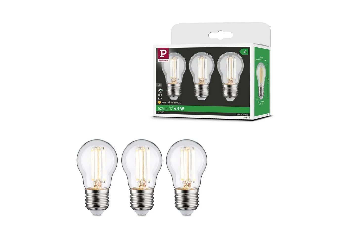 Paulmann LED-Leuchtmittel Eco-Line 3er-Pack Tropfen 525lm 2,5W 3000K klar 230V, E27, Warmweiß - Bild 3