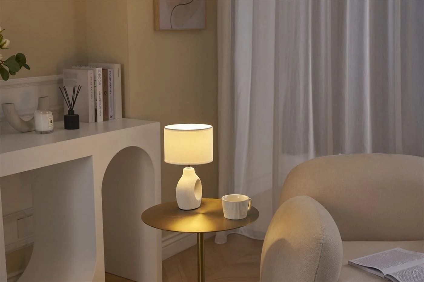 PAULEEN Tischleuchte Pure Crush Weiß/Beige Keramik Stoff E14 - Bild 3