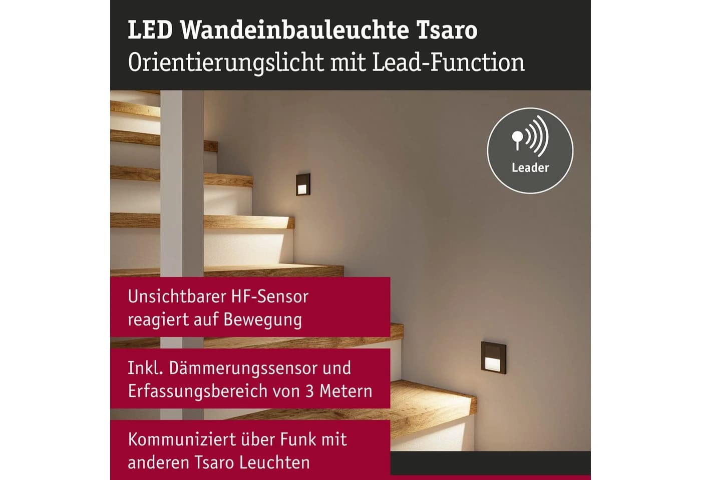 Paulmann LED Wandeinbauleuchte Tsaro Schwarz Bewegungssensor - Bild 5