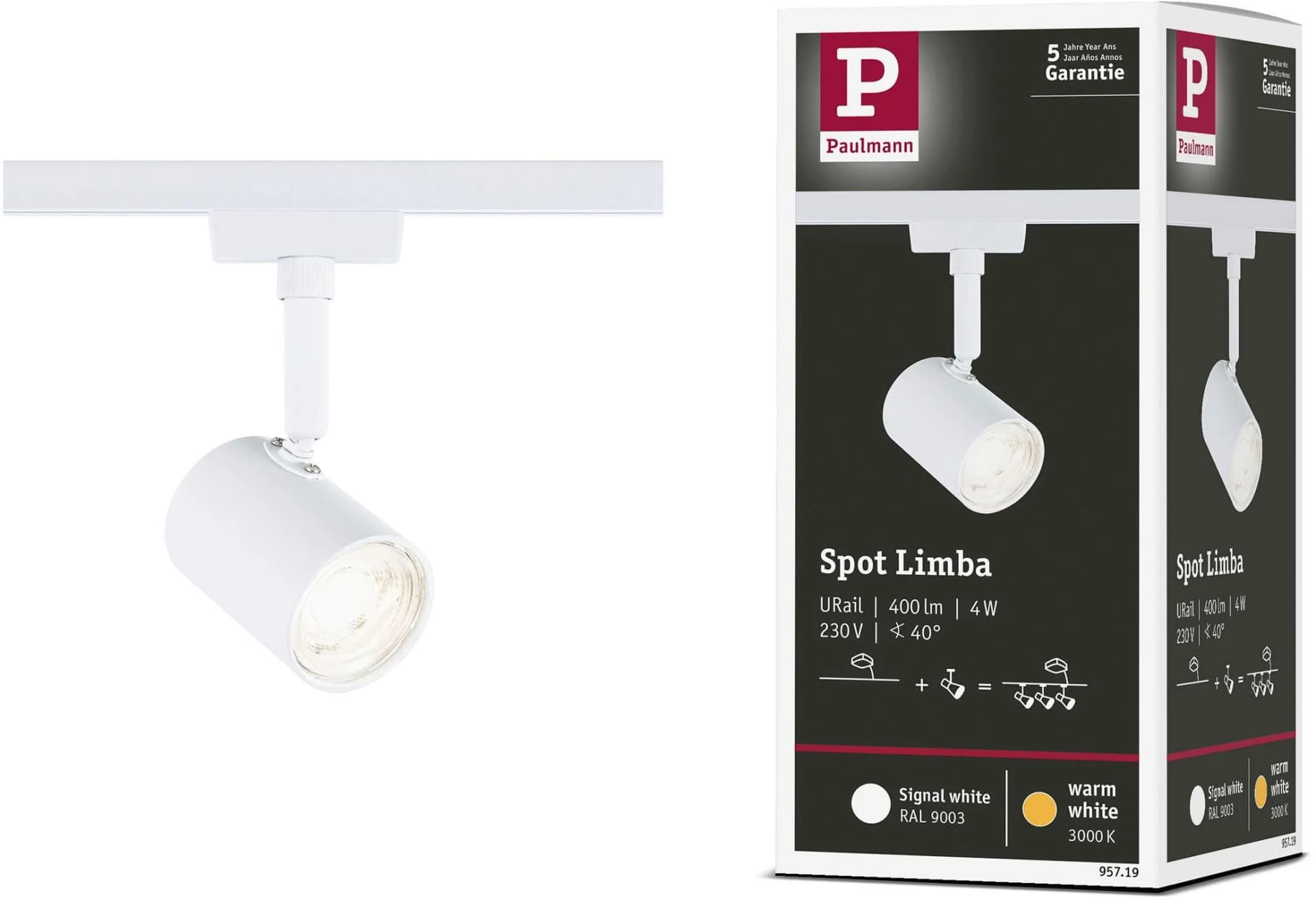 Paulmann URail LED Schienenspot Limba 340lm 4W 3000K 230V Signalweiß