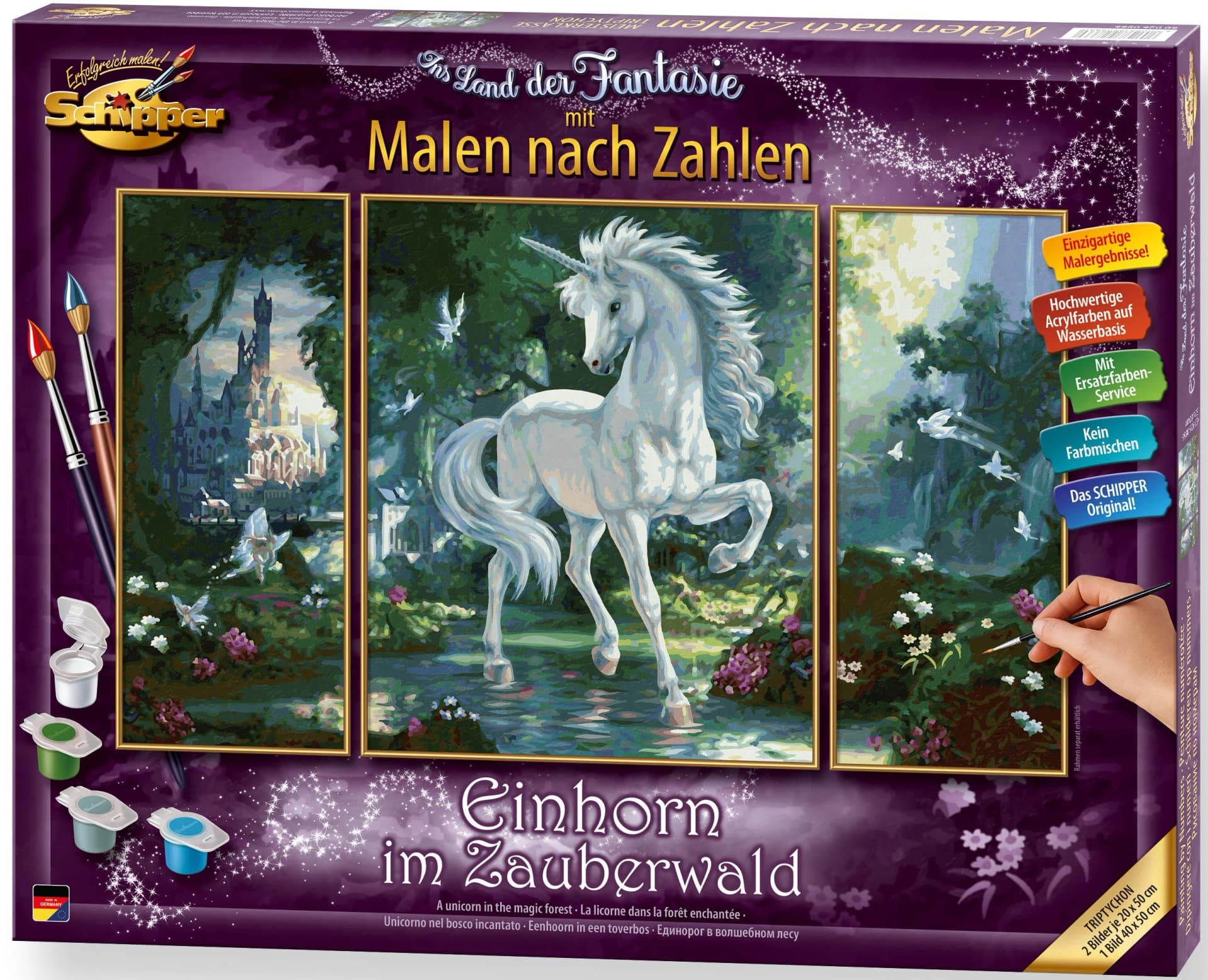 Schipper Malen nach Zahlen Meisterklasse Triptychon Einhorn Zauberwald Bunt