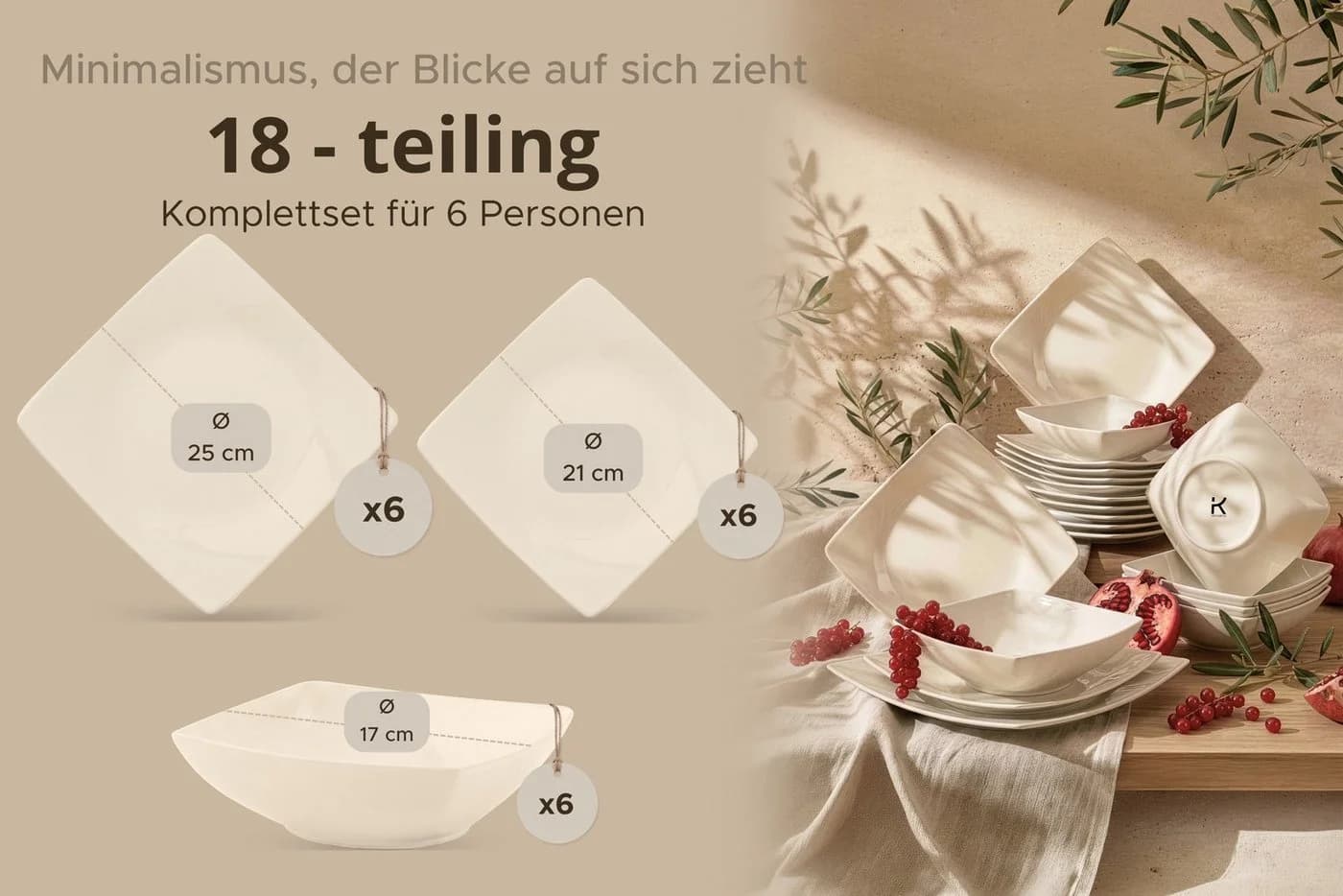 KONSIMO® Tafelservice EPIRI 18-tlg. Keramik Beige Modern Quadratisch - Bild 5