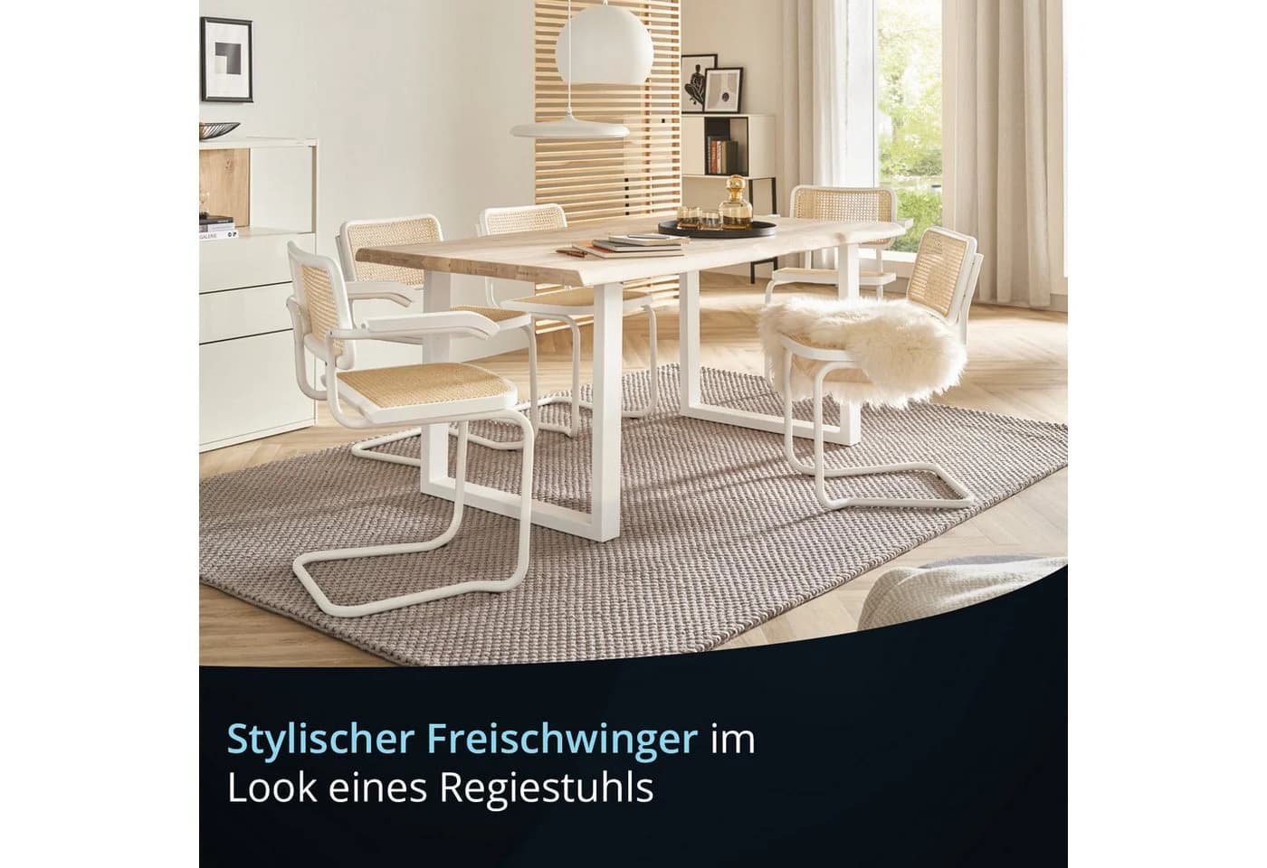 KHG Freischwinger Esszimmerstuhl Weiß Rattan Buchenrahmen